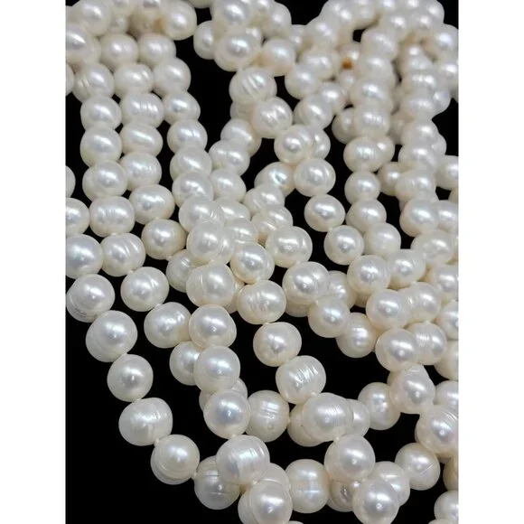 Freshwater Ringed Pearl Necklace 80" Glowing Bridal White 9mm-10mm Free Form